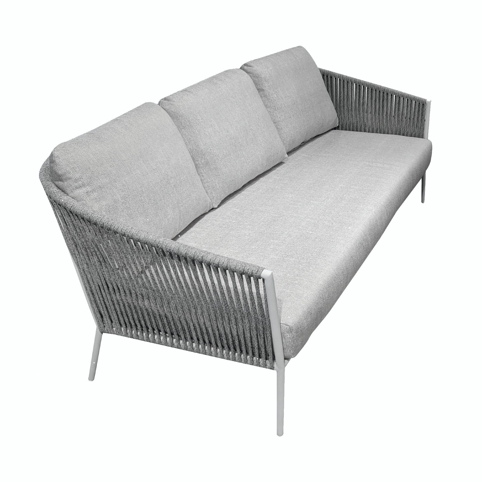 Jati&Kebon "Fortuna" 3-Sitzer Loungesofa, Gestell Aluminium weiß, Bespannung Rope hellgrau melange, Kissen Natté Grey Chiné, Sitzkissen im Original 3-teilig