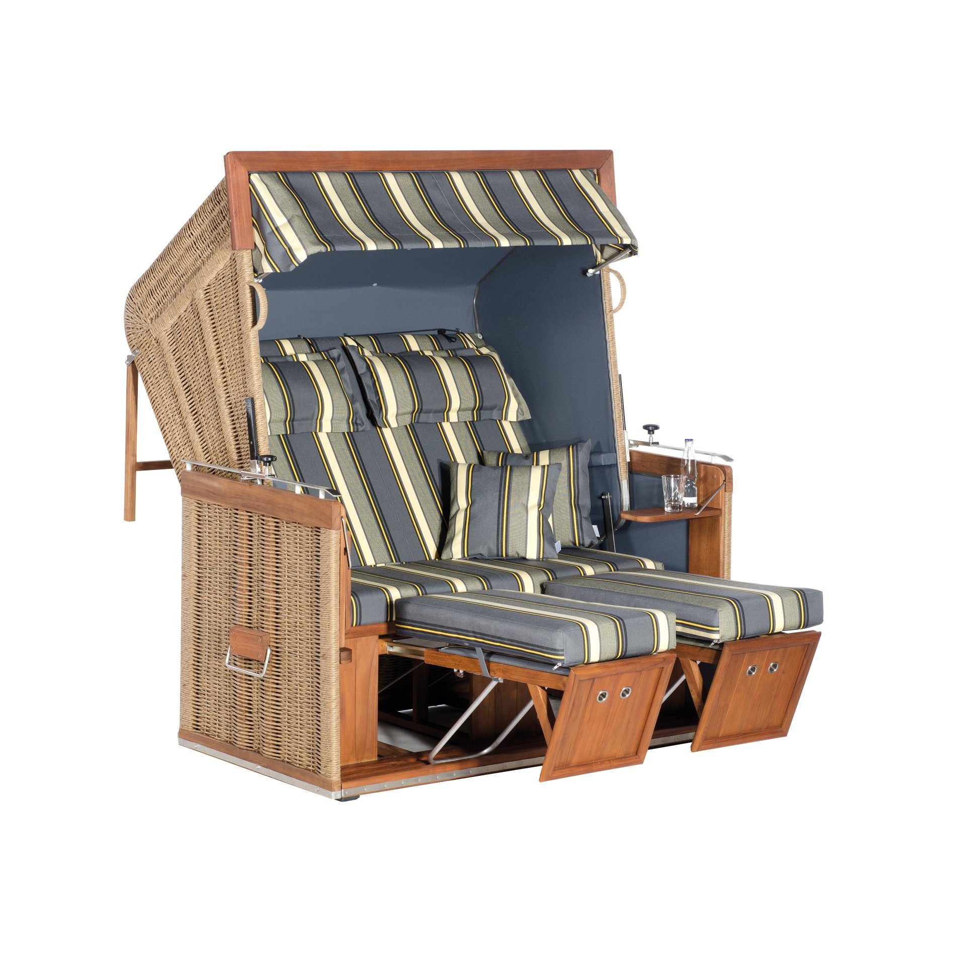 Sonnenpartner "Präsident Teak XL" Strandkorb, 2,5-Sitzer, Rundgeflecht Hyazinthoptik,, Markisenstoff Dessin 69 und uni anthrazit
