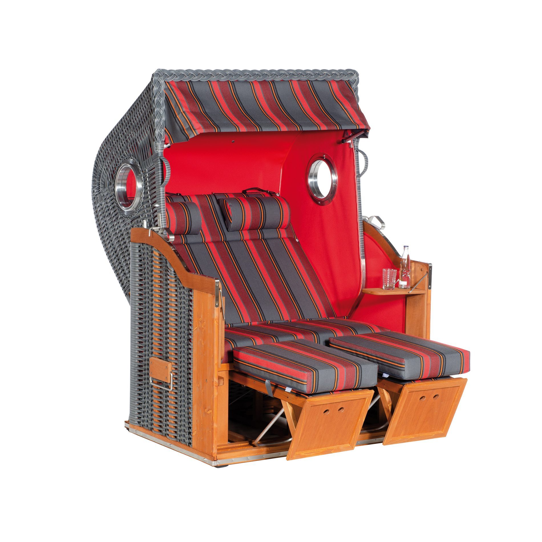Sonnenpartner Strandkorb "Classic-Bullauge" 2-Sitzer, Halblieger, PE-Kunststoffgeflecht Onix, Markisenstoff Dessin 187 und uni rot