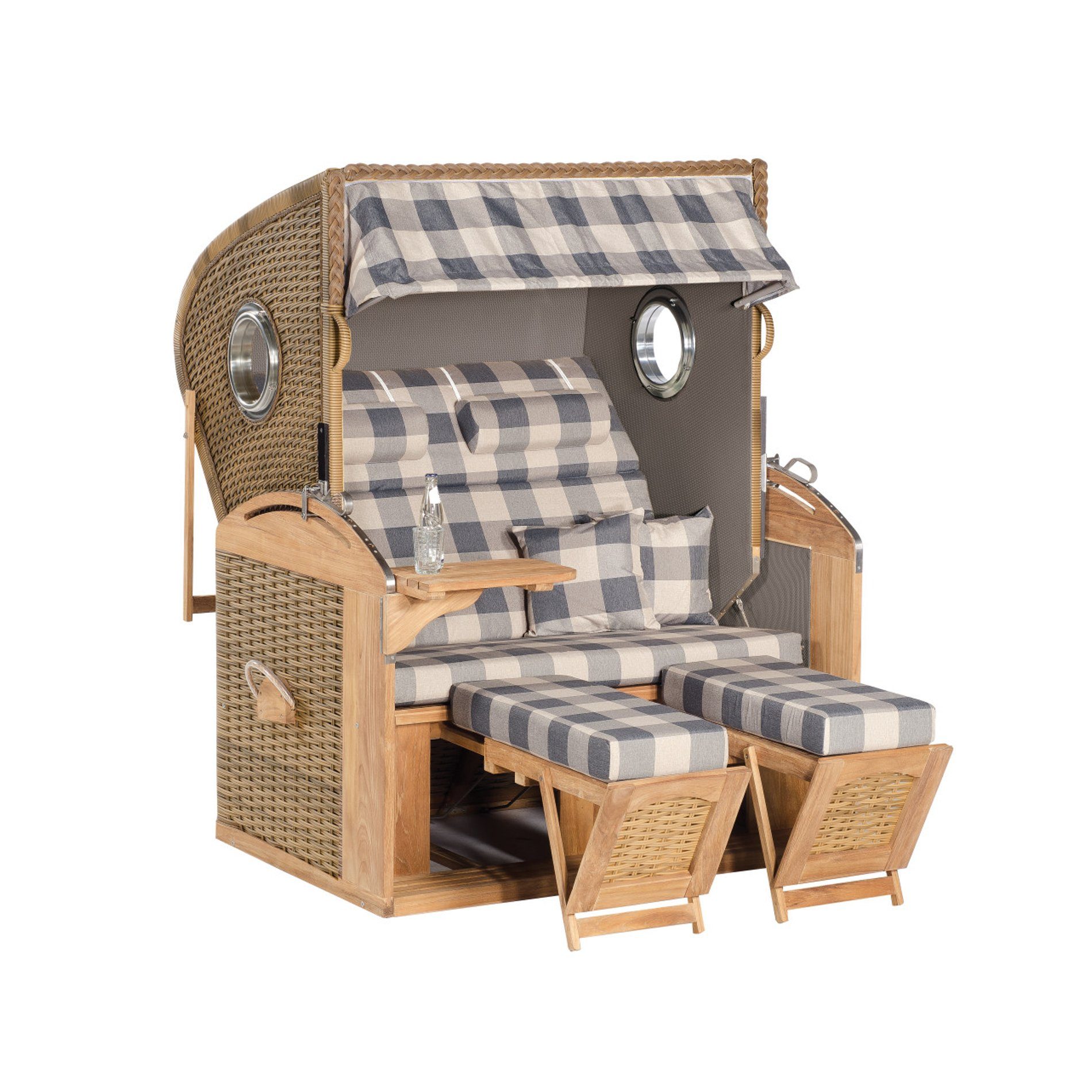 Strandkorb "305 Z Teak XL", Teakholz natur, Geflecht antik-braun, mit Bullaugen, Stoff-Nr. 1209