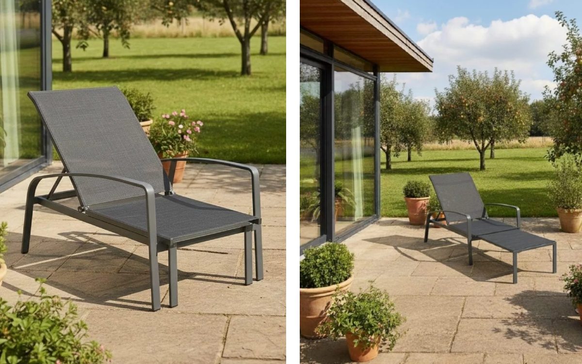 Deckchair mit eingeschobenem und ausgezogenem Fussteil auf Terrasse 