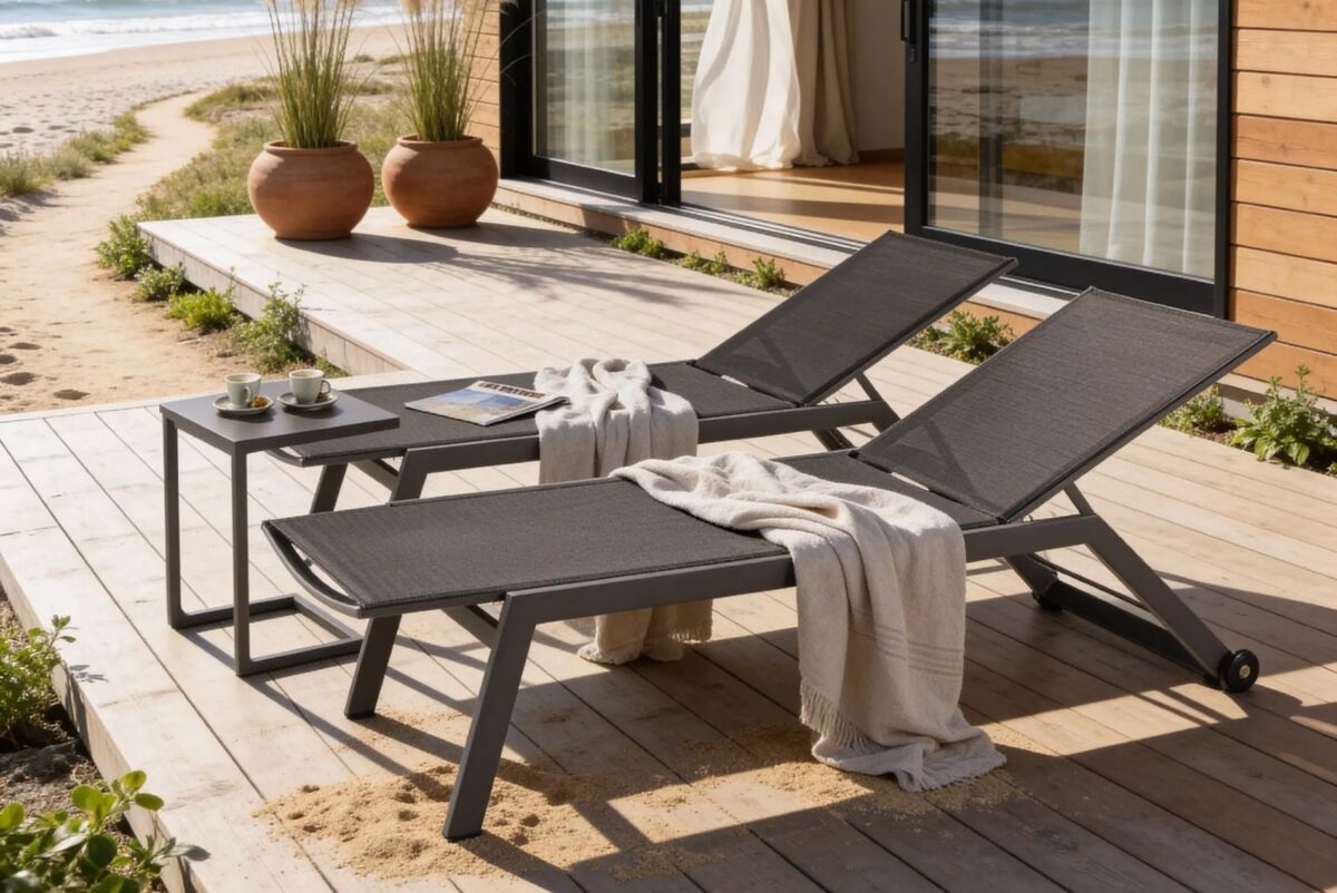 Zwei Sonnenliegen aus Aluminium und Textilgewebe auf Terrasse am Strand