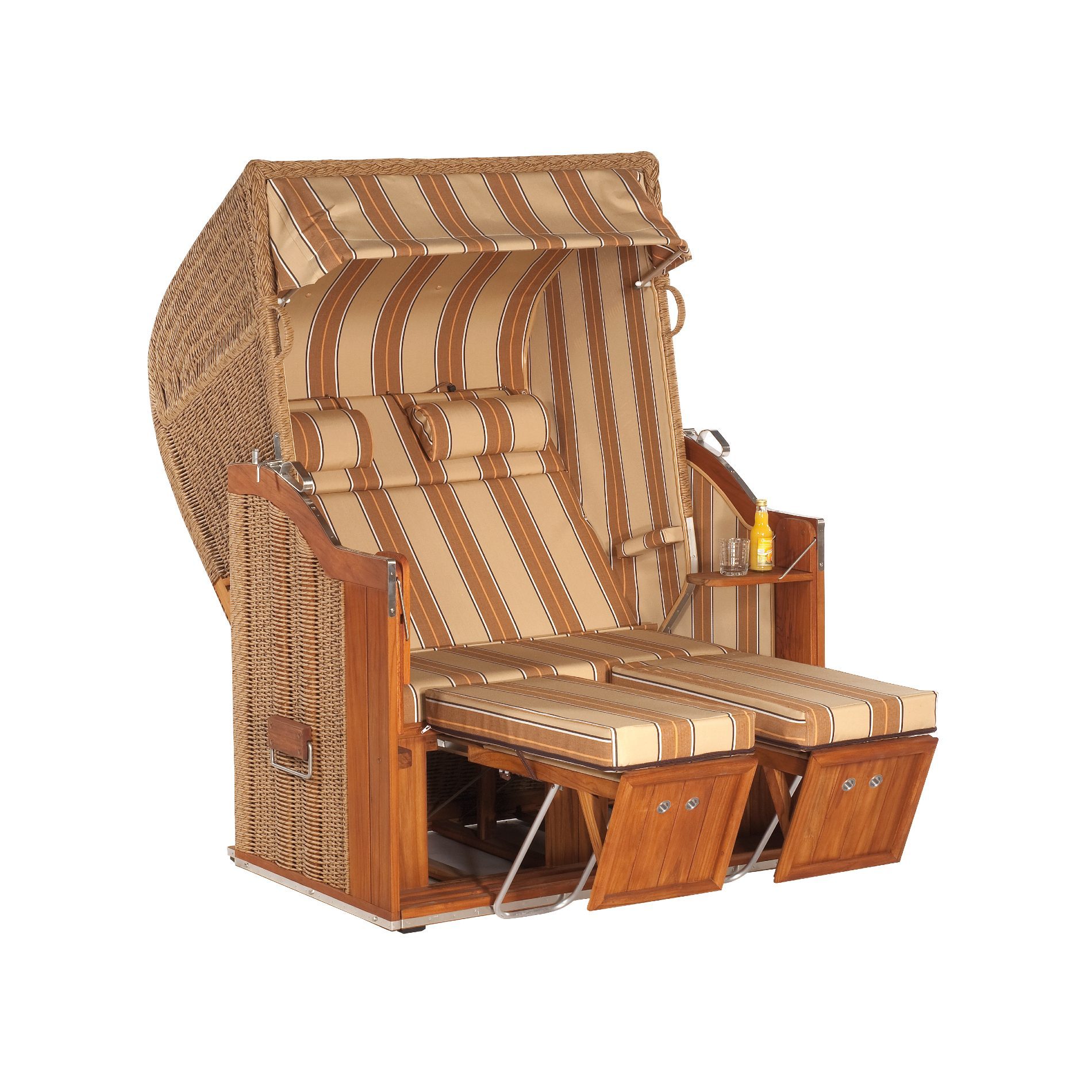 Strandkorb "Classic-Teak" von SonnenPartner, Korpus Teakholz, Rundgeflecht Hyazinthoptik, Markisenstoff Nr. 185, 2-Sitzer