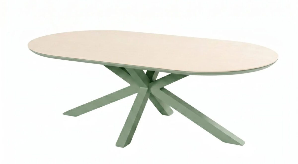 Eleganter, ovaler Gartentisch mit beigefarbener Keramikplatte und Mikadogestell in pastellgrün