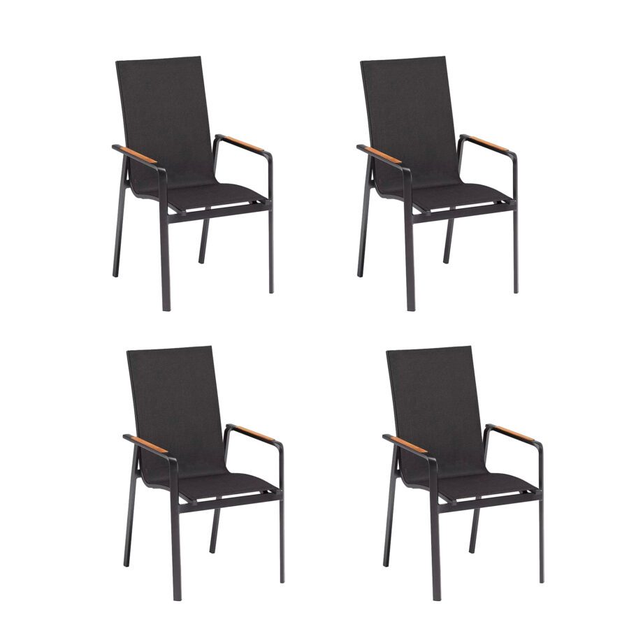 Kettler "Diamond" 4er-Set Stapelsessel, hohe Rückenlehne, Gestell Aluminium anthrazit, Sitzfläche Textilgewebe charcoal, Armlehnen Teak