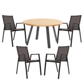 Gartenmöbel-Set mit Lesli Living Stuhl "Tarragona" und 4 Seasons Outdoor Tisch "Ambassador" 130 cm, Gestell Edelstahl charcoal/anthrazit, Sitz Textil schwarz-grau, Tischplatte und Armlehnen Teak