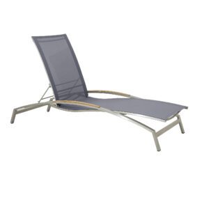 CASA DOMA "Mineo" Sonnenliege, Gestell Edelstahl gebürstet, Liegefläche Textilgewebe Sunproof® Sling schwarz/silber, Armlehnen Teak