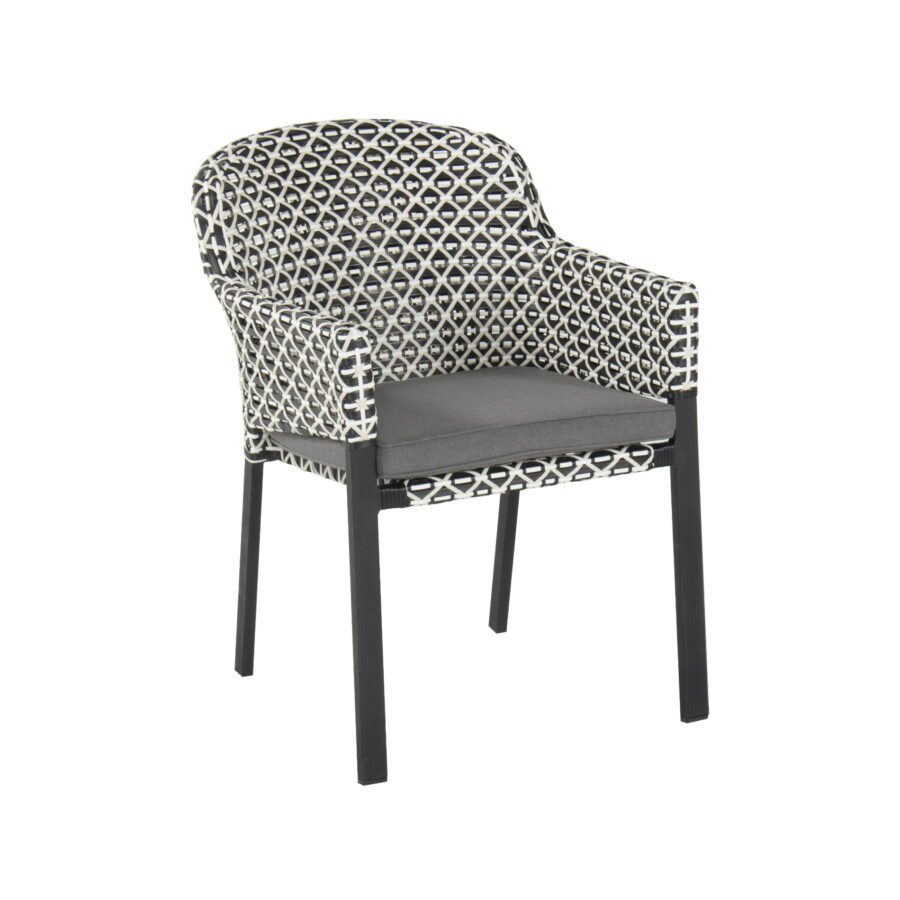 Hartman "Kelly" Diningsessel, Gestell Aluminium carbon black, Sitzfläche Polyrattan White&Black, Kissen Havana dark grey