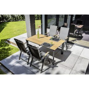 Kettler Gartenmöbel-Set "Diamond" mit 4x Klappsessel Textilgewebe charcoal und Gartentisch 160x95cm, Alu anthrazit, Tischplatte HPL Teak-Optik mit Fräsung