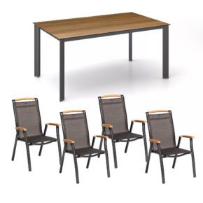 Kettler "Memphis" Stapelsessel, Aluminium anthrazit, Sitzfläche Textilgewebe bronze, Armlehnen Teak, "Edge" Gartentisch 160x95 cm, Aluminium anthrazit, Tischplatte HPL Teak-Optik mit Fräsung