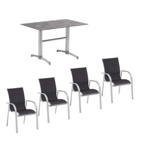 Kettler Bistro-Set mit "Tampa" Stapelsessel und "Tube" Klapptisch, Gestelle Alu silber, Sitzfläche Textilgewebe charcoal, Tischplatte HPL anthrazit, 120x80 cm