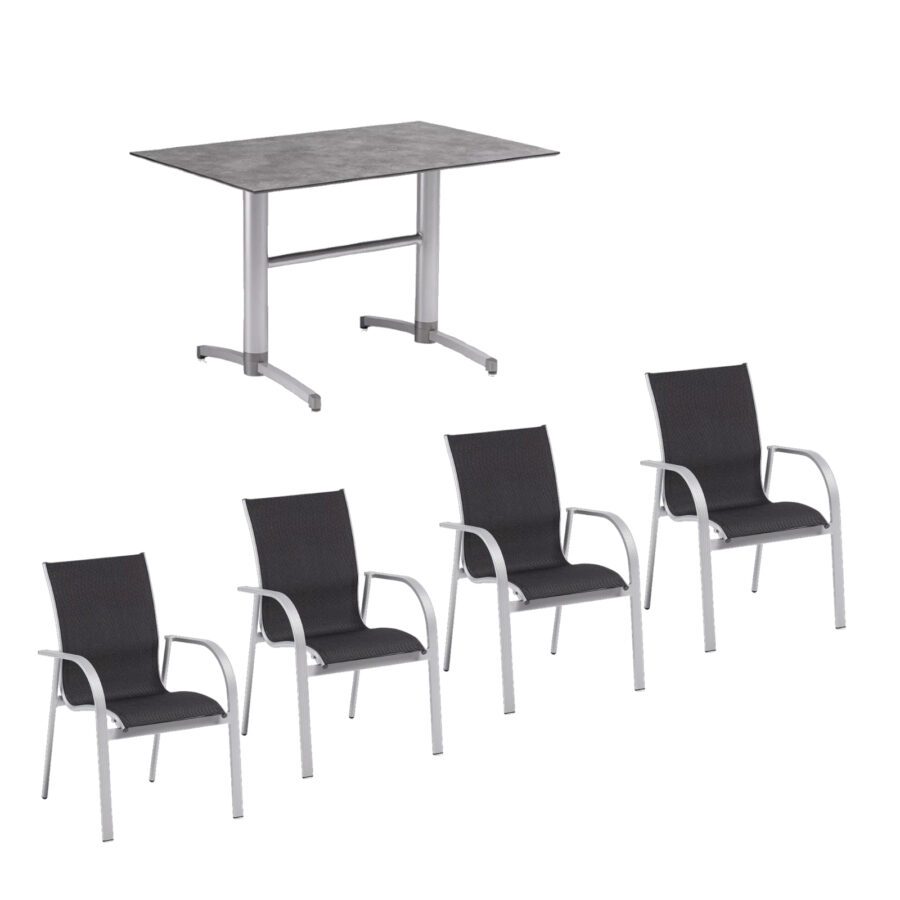 Kettler Bistro-Set mit "Tampa" Stapelsessel und "Tube" Klapptisch, Gestelle Alu silber, Sitzfläche Textilgewebe charcoal, Tischplatte HPL anthrazit, 120x80 cm