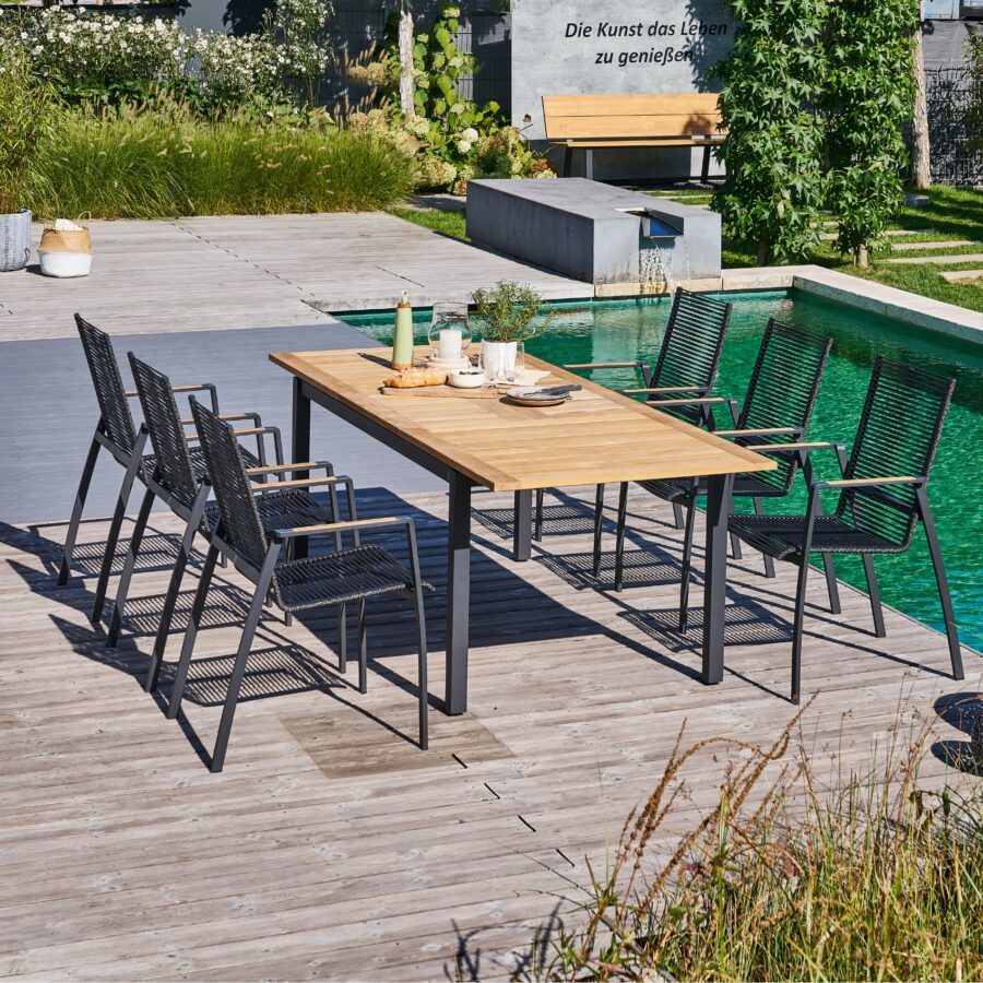 CASA DOMA "Mineo/Ugento" Gartenmöbel-Set 7-tlg., Gestelle Edelstahl anthrazit, Sitzfläche Rope anthrazit, Armlehnen Teak, Tischplatte Teak, 160/220x90 cm