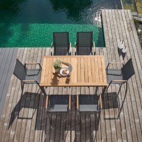 CASA DOMA "Mineo/Ugento" Gartenmöbel-Set 7-tlg., Gestelle Edelstahl anthrazit, Sitzfläche Sunproof® Sling schwarz/silber, Armlehnen Teak, Tischplatte Teak, 160/220x90 cm