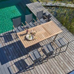 CASA DOMA "Mineo/Ugento" Gartenmöbel-Set 7-tlg., Gestelle Edelstahl gebürstet, Sitzfläche Sunproof® Sling schwarz/silber, Armlehnen Teak, Tischplatte Teak, 160/220x90 cm