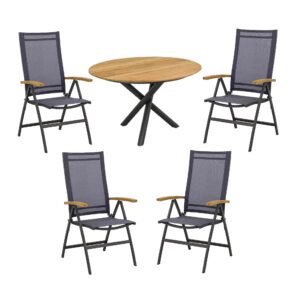 CASA DOMA "Mineo/Perano" Gartenmöbel-Set 5-tlg., Gestelle Edelstahl anthrazit, Sitzfläche Sunproof® Sling schwarz/silber, Armlehnen Teak, Tischplatte Teak, Ø 120 cm