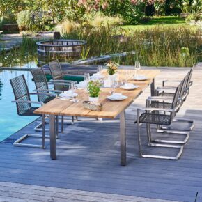 CASA DOMA "Mineo/Varano" Gartenmöbel-Set 7-tlg., Gestelle Edelstahl gebürstet, Sitzfläche Rope anthrazit, Armlehnen Teak, Ausziehtisch mit Tischplatte Teak