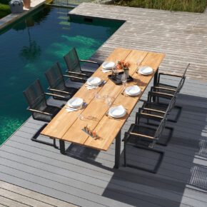 CASA DOMA "Mineo/Varano" Gartenmöbel-Set 7-tlg., Gestelle Edelstahl anthrazit, Sitzfläche Rope anthrazit, Armlehnen Teak, Ausziehtisch Tischplatte Teak, 210/310x100 cm