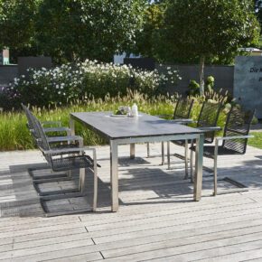 CASA DOMA "Mineo/Carini" Gartenmöbel-Set 7-tlg., Gestelle Edelstahl gebürstet, Sitzfläche Rope anthrazit, Armlehnen Alu, Tischplatte HPL, 210x100 cm