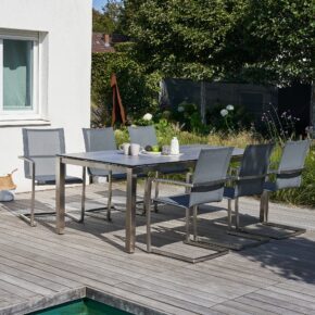 CASA DOMA "Mineo/Carini" Gartenmöbel-Set 7-tlg., Gestelle Edelstahl gebürstet, Sitzfläche Textilgewebe Sunproof® Sling schwarz/silber, Armlehnen Alu, Tischplatte HPL, 210x100 cm