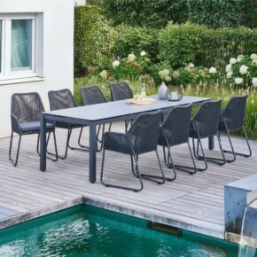 CASA DOMA "Cassano/Carini" Gartenmöbel-Set 9-tlg., Tisch Edelstahl anthrazit, HPL Platte chromix anthrazit, 260x100 cm, Sessel Gestell Aluminium, Sitzfläche Rope anthrazit, Sitzkissen Tuvatextil®