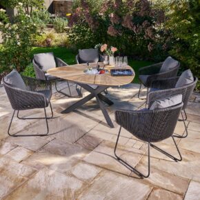 CASA DOMA "Ribera/Saleni" Gartenmöbel-Set 7-tlg., Gestelle Edelstahl anthrazit, Diningsessel mit Kufen, Sitzschale Rundform aus Rope anthrazit (vertikal rund), Kissen Tuvatextil® Panama grafito, Tischplatte Teak