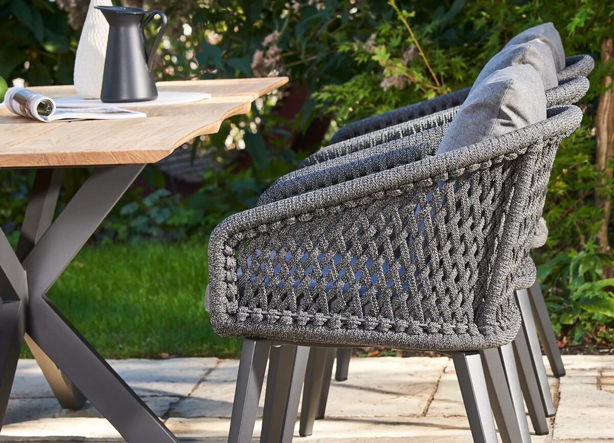 CASA DOMA "Ribera" Diningsessel Rundform, Vierkant-Beine Edelstahl anthrazit, Sitz Rope anthrazit (Raute), Kissen Tuvatextil® Panama grafito