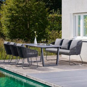 CASA DOMA "Ribera/Falerna" Diningset 5-tlg., Gestelle Edelstahl anthrazit, Diningsessel und Bank Rundform, Kufengestell, Sitz Rope anthrazit (vertikal breit), Kissen Tuvatextil® Panama grafito, Tischplatte HPL, 210x100 cm