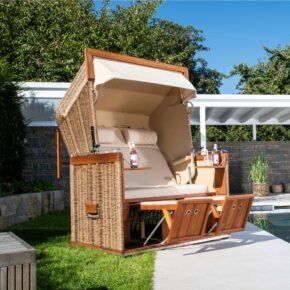 Sonnenpartner "Präsident Teak" Strandkorb, 2-Sitzer, Volllieger, PE-Kunststoffgeflecht Rattanoptik, Markisenstoff Nr. 31