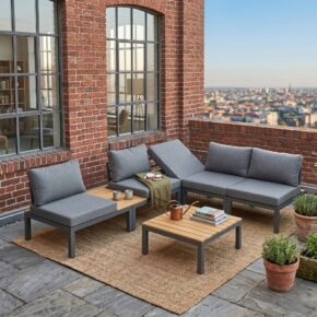Liadomo "San Carlo" Loungeset, Alu anthrazit, Ablagen Teak, Bezüge Olefin grau (Bild KI-generiert)