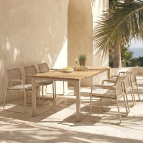 CASA DOMA Set 7-tlg. mit "Fasano" Kufenstuhl, Aluminium cream, Rope fossil (Quadro), Kissen beige, und "Campana" Gartentisch 210×100 cm, Edelstahl cream, Teakholz (Bild KI-generiert)