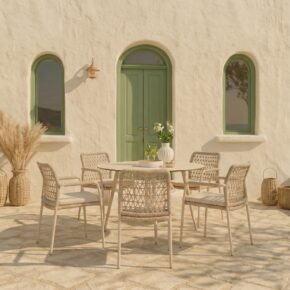 CASA DOMA Set mit "Fasano" Stapelstuhl, Alu cream, Rope fossil Knoten und "Napola" Gartentisch Ø 130 cm, Alu cream, Tischplatte HPL travertin (Bild KI-generiert)