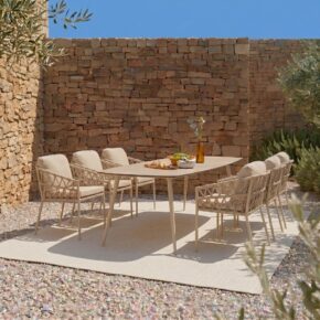 CASA DOMA Set mit "Messina" Diningsessel, Alu cream, Rope fossil mit "Napola" Gartentisch 240x100 cm, Alu cream/HPL Travertin (Bild KI-generiert)