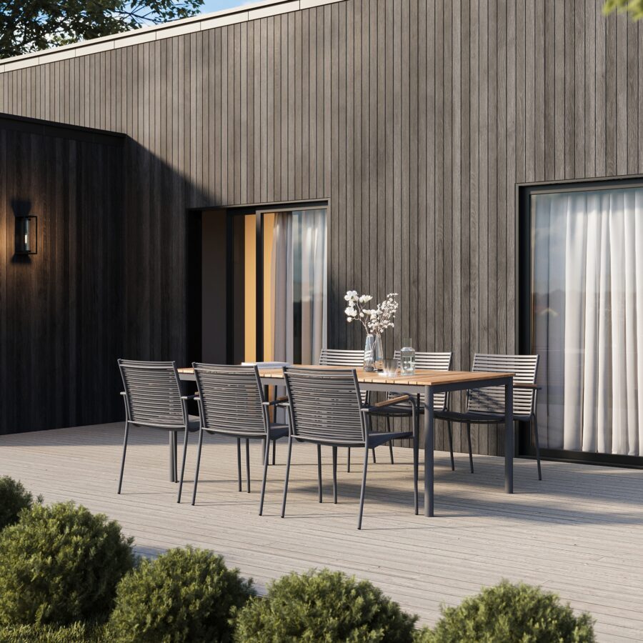 Cinas Gartenmöbel-Set mit Gartenstuhl "Mood Classic" Kunststoff-Lamellen grey, Aluminium-Gestell anthrazit, Teak-Armlehnen und Gartentisch "Mood Classic Midway" mit Teakplanken 204x100 cm