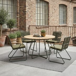 Liadomo "Atina" Set mit Stapelstuhl, Kufengestell Edelstahl dunkelgrün, Rope oliv und Gartentisch Ø 110 cm mit Teakplatte mit Keramik-Einlage