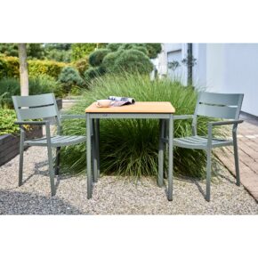 Brafab "Delia/Nox Bistro" Set 3-teilig, mit Stapelstuhl und Gartentisch 70x70 cm, Gestelle Aluminium, diverse Farben, Tischplatte Bambus