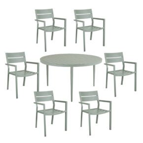 Brafab Gartenmöbel-Set 7-teilig, mit "Delia" Stapelstuhl Aluminium dusty green und "Bigby" Tisch Ø 130 cm Aluminium dusty green