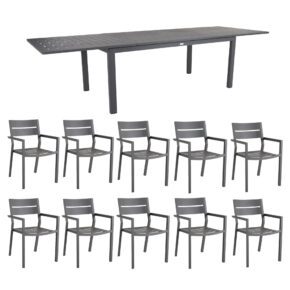 Brafab Gartenmöbel-Set 11-teilig, mit "Delia" Stapelstuhl Aluminium anthrazit und "Lomma" Ausziehtisch Aluminium anthrazit 194/312x100 cm