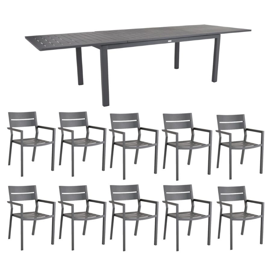 Brafab Gartenmöbel-Set 11-teilig, mit "Delia" Stapelstuhl Aluminium anthrazit und "Lomma" Ausziehtisch Aluminium anthrazit 194/312x100 cm
