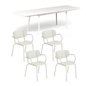 Emu Gartenmöbel-Set 5-tlg. mit Ausziehtisch "Plus4" und Stapelstuhl "Mom", Stahl weiß