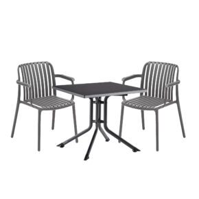 Kettler "Lago" Stapelstuhl, Gestell und Sitzfläche Kunststoff grau, mit Klapptisch "Boulevard" 70x70 cm, Gestell Aluminium anthrazit Tischplatte Kettalux-Plus anthrazit