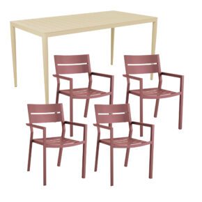 Brafab Gartenmöbel-Set 5-teilig, mit Delia Stapelstuhl Aluminium zin red und "Bigby" Tisch 144x76 cm Aluminium lemon