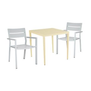 Brafab Gartenmöbel-Set 3-teilig, mit Delia Stapelstuhl Aluminium light grey und "Bigby" Tisch 76x76 cm Aluminium lemon