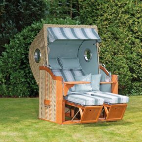 Sonnenpartner Strandkorb "Classic-Bullauge" 2-Sitzer, Halbliegemodell, Kunststoffgeflecht Seegrasoptik, Markisenstoff Dessin 26 und uni mint/weiß