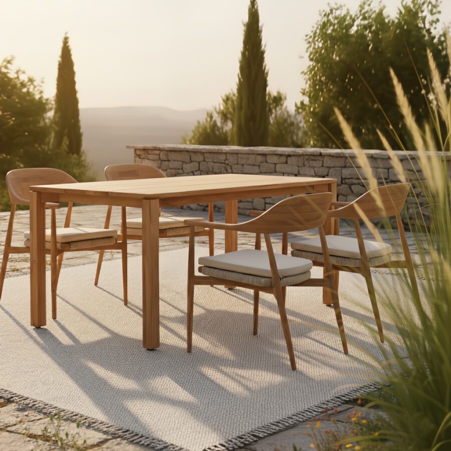 CASA DOMA Gartenmöbel-Set mit "Terni" Stapelstuhl und "Campana" Gartentisch 160x90 cm, Gestelle und Platte Teak, Sitz Rope, Kissen braunbeige (Bild KI-generiert)