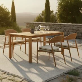 CASA DOMA Gartenmöbel-Set mit "Terni" Stapelstuhl und "Campana" Gartentisch 160x90 cm, Gestelle und Platte Teak, Sitz Rope, Kissen braunbeige (Bild KI-generiert)