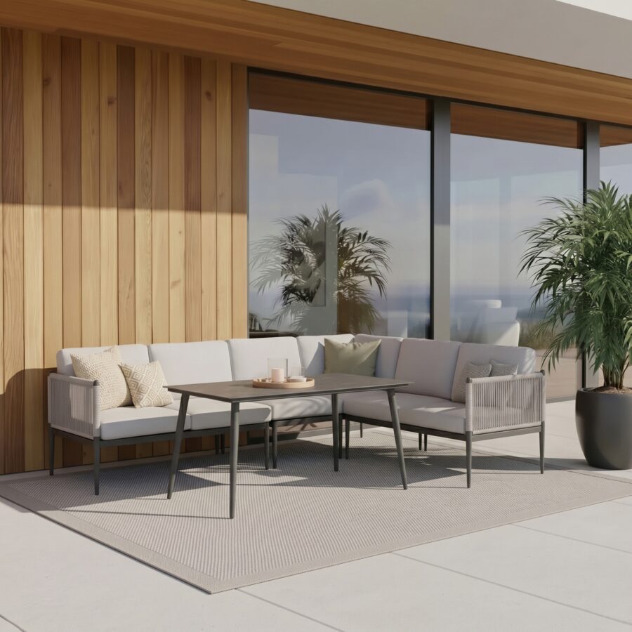 Liadomo "Formello" Dining-Loungeset, lange Seite links, Gestelle Aluminium anthrazit, Rope & Polster light grey, Tisch Sinterstein dunkelgrau, 140x85 cm (Bild KI-generiert)