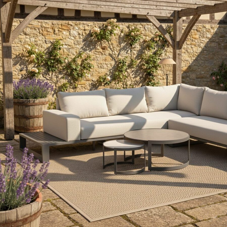 Liadomo “Candela” Loungeset 4-tlg., Gestelle Aluminium anthrazit, Kissen beige, Tischplatten Sinterstein hellgrau & dunkelgrau (Bild: KI-generiert)