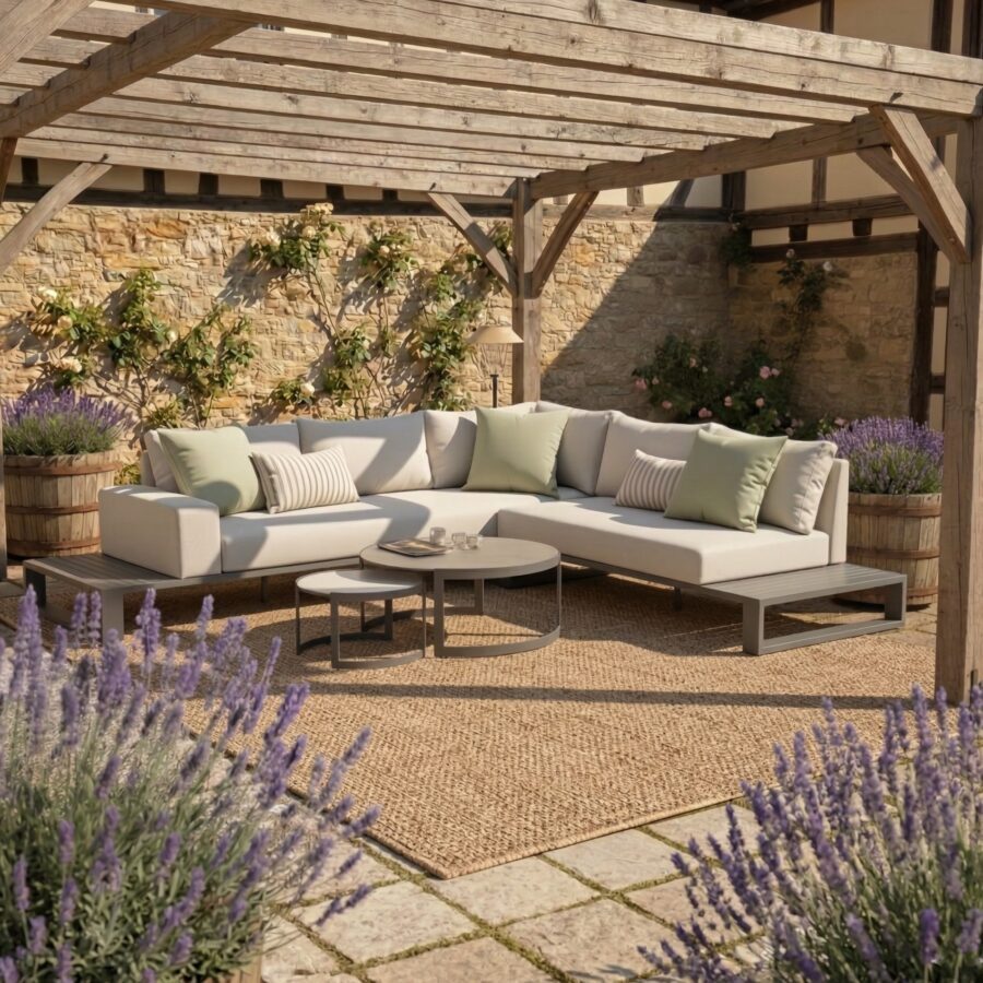 Liadomo “Candela” Loungeset 4-tlg., Gestelle Aluminium anthrazit, Kissen beige, Tischplatten Sinterstein hellgrau & dunkelgrau (Bild KI-generiert)