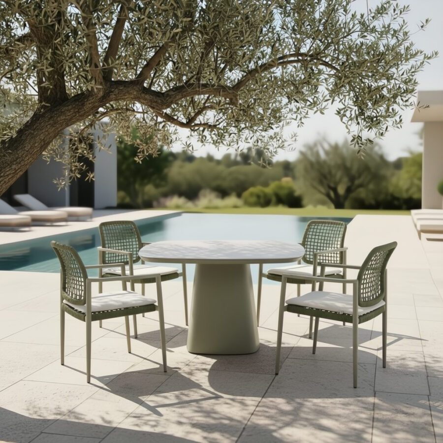CASA DOMA Gartenmöbel-Set mit "Lavello" Stapelstuhl und "Lioni" Gartentisch, Aluminium moosgrün, Geflecht grün, Tischplatte Sinterstein 120x120 cm (Bild KI-generiert)